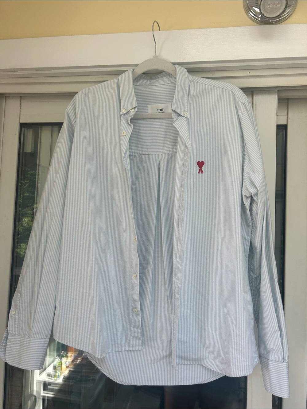 Ami Light Blue & White Pinstripe Button-Down Shirt with Red Heart Logo